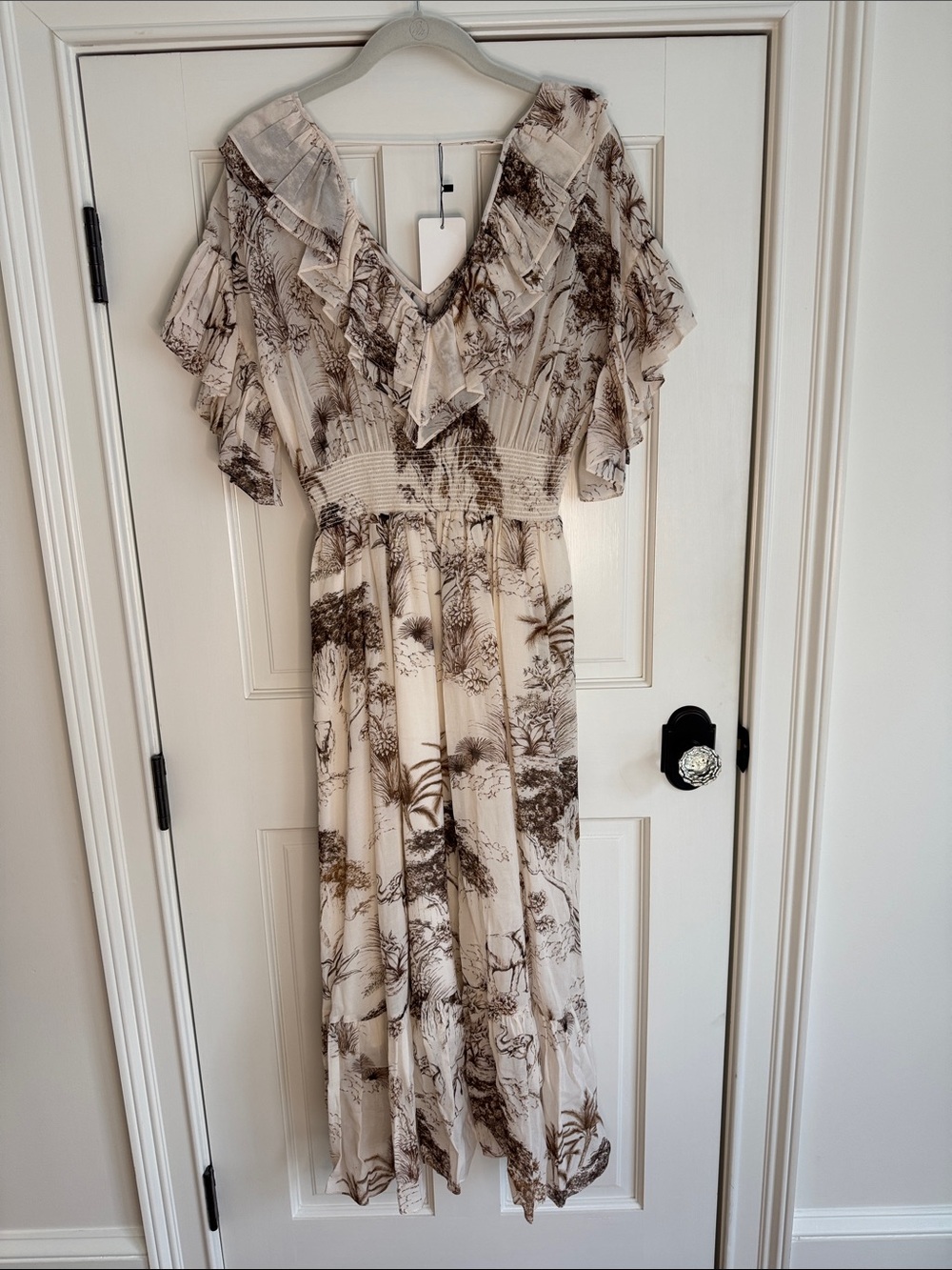 Sandro Paris | Toile Print Ruffle Midi Dress | Ecru Brown | FR 36 US Small |NWT - Picture 7 of 10